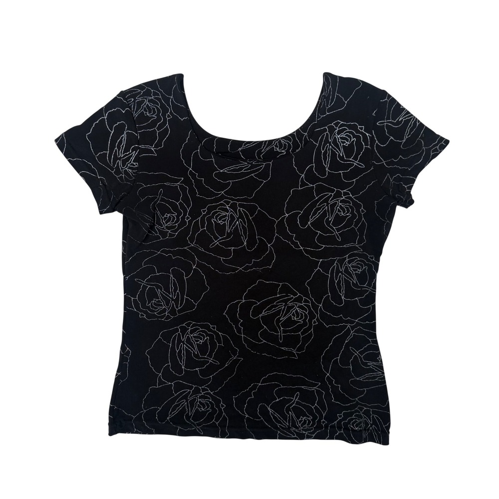 Vintage 90s Black Silver Glitter Rose Floral Scoop Neck Short Sleeve Top Small